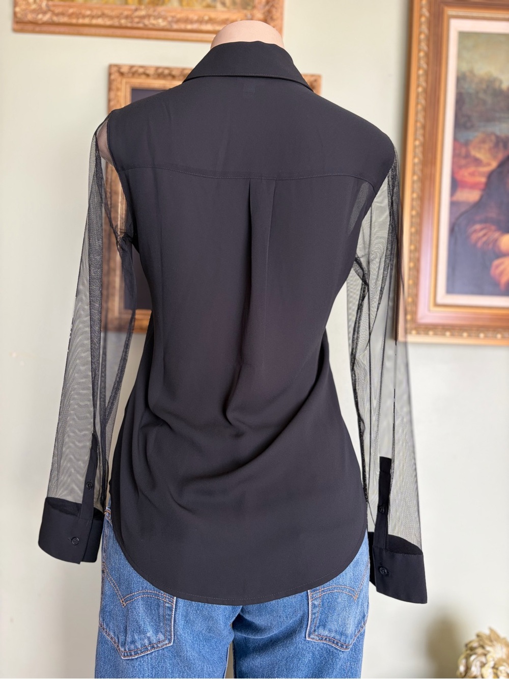 Express Black Portofino Button-Down Top with Sheer Sleeves Size XS Slim-Flit - Picture 11 of 15